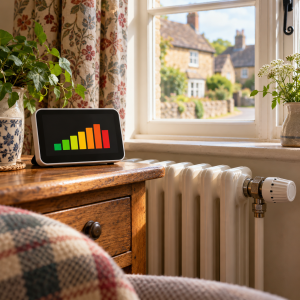 Home energy display beside a radiator